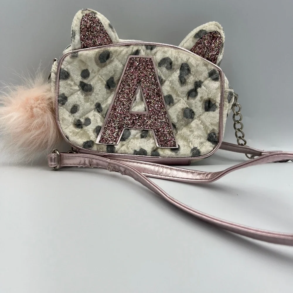 Justice Girls Novelty Cat Ear Crossbody Bag Purse with Initial A in Pink Glitter